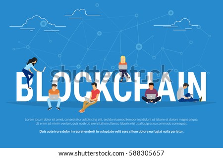 Blockchain concept illustration of young men and women using laptop and for database coding and development software platform for digital assets. Flat design of people sitting on big letters