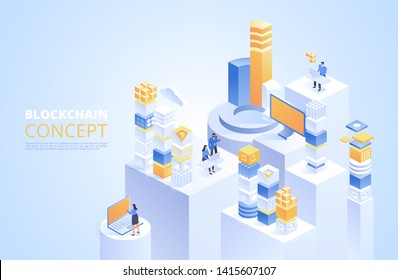 Blockchain concept. Isometric digital blocks. Crypto chain. Abstract technology vector illustration