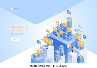 Blockchain concept. Isometric digital blocks or cubes connection with each other. Abstract technology background. Vector illustration