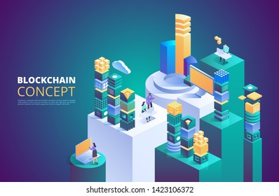 Blockchain concept. Isometric digital blocks. Crypto chain. Abstract technology vector illustration