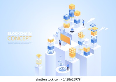 Blockchain concept. Isometric digital blocks. Crypto chain. Abstract technology vector illustration