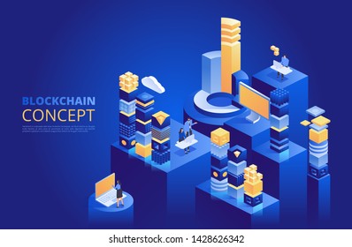 Blockchain concept. Isometric digital blocks. Crypto chain. Abstract technology vector illustration