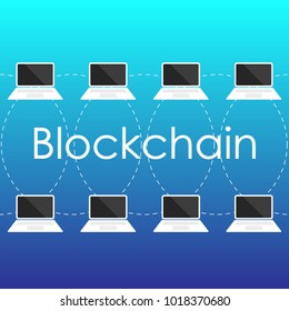 Blockchain concept from laptop screen. Secure e- business, digital finance operations