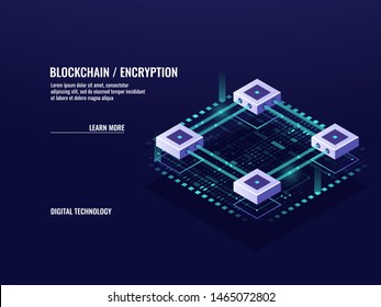 Blockchain concept, server room, big data processing and cloud computing, digital technology website banner, database isometric icon, encryption and cryptocurrency exchange, vector 3d