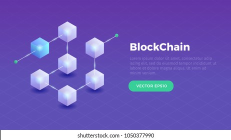 Blockchain concept slider banner design with isometric blocks chain illustration and text vector illustration
