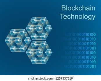 Blockchain concept slider banner design with isometric blocks chain illustration and text vector illustration