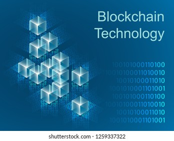 Blockchain concept slider banner design with isometric blocks chain illustration and text vector illustration