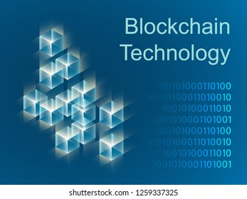 Blockchain concept slider banner design with isometric blocks chain illustration and text vector illustration