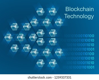 Blockchain concept slider banner design with isometric blocks chain illustration and text vector illustration