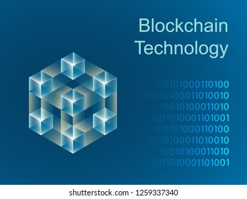 Blockchain concept slider banner design with isometric blocks chain illustration and text vector illustration