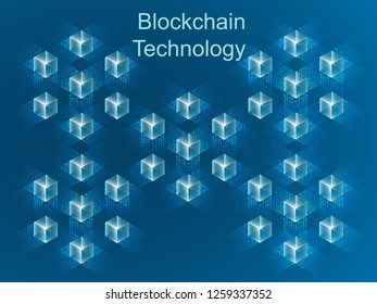 Blockchain concept slider banner design with isometric blocks chain illustration and text vector illustration