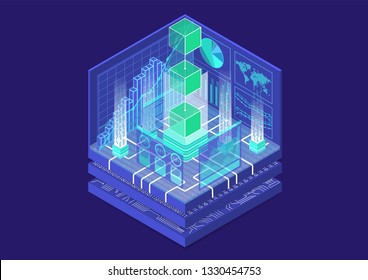 Blockchain concept with symbol of floating blocks as isometric 3d vector illustration