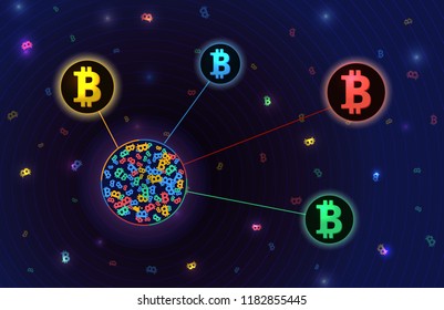 Blockchain concept template. Bitcoin connection with each other and shapes crypto chain. Blockchain cryptocurrencies global network technology e-commerce business management. Technology background