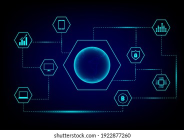 Blockchain concept. Transparent Globe and blue hexagonal ring and technology icon on dark background. Big data flow information and cryptocurrency finance.