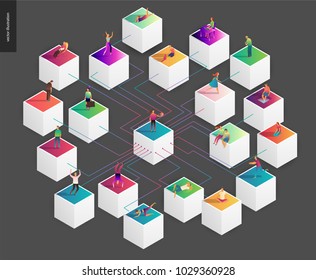 Blockchain concept vector illustration - scheme showing the cryptocurrency transaction processing and user connection