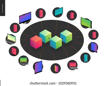 Blockchain concept vector illustration - scheme showing the cryptocurrency transaction processing and user connection