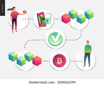 Blockchain concept vector illustration - scheme showing the cryptocurrency transaction processing and user connection