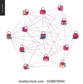 Blockchain concept vector illustration - scheme showing the cryptocurrency transaction processing and user connection