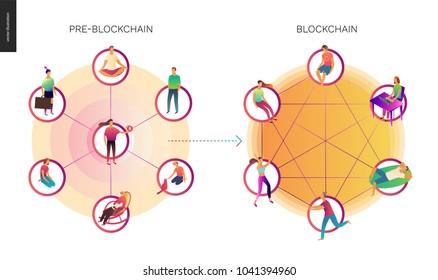 Blockchain concept vector illustration - scheme showing the cryptocurrency transaction processing and user connection