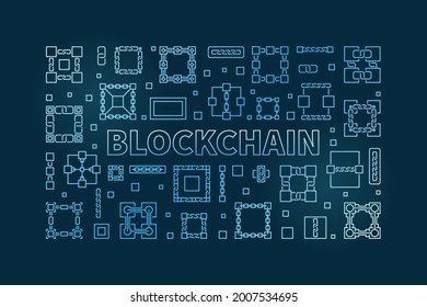 Blockchain concept vector outline horizontal blue illustration or banner on dark background