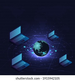 Blockchain concept.Isometrische digitale Blöcke verbinden Vektorgrafik mit vernetztem Globus und Computer auf blauem Hintergrund. Linked Computer enthalten kryptographische Hash- und Transaktionsdaten.