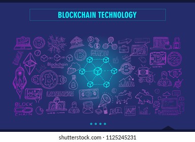 Blockchain conceptual image with hand drawn doodle sketched with tecnology related theme like data mining, hardware storage, crypto currencies and so on