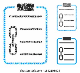 Blockchain contract composition of ragged parts in various sizes and shades, based on blockchain contract icon. Vector raggy pieces are grouped into composition.