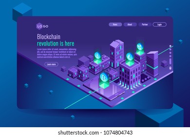 Blockchain crypto currency or cryptocurrency illustration, isometric background. Exchange virtual cash concept, financial isometric images collection.