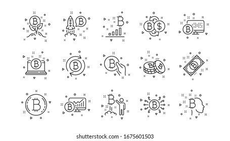  Cadena de bloqueo, Crypto ICO y Bitcoin.Iconos de línea de criptodivisa. Juego de iconos lineales de minería. Elementos geométricos. Señales de calidad. Vector