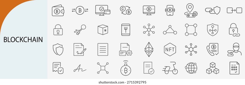 Blockchain y conjunto de íconos de criptomonedas, Vector monolíneo mínimo, estilo de finanzas descentralizadas