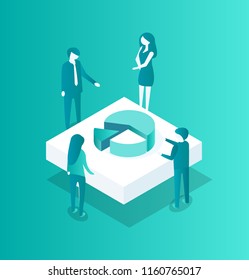 Blockchain crypto meeting isolated 3d isometric icon vector. Workers thinking of pie diagram, financial strategy of cryptocurrency. Man and woman