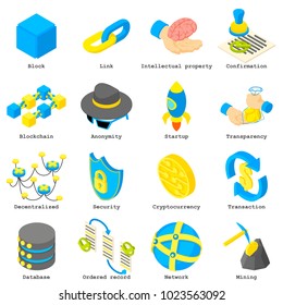Blockchain crypto money icons set. Isometric illustration of 16 blockchain crypto money vector icons for web