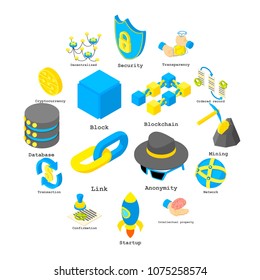 Blockchain crypto money icons set. Isometric illustration of 16 blockchain crypto money vector icons for web