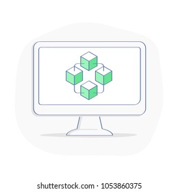 Blockchain crypto technology, chain, block database, neural network, connection, hub on computer display, monitor. Flat outline vector icon of blockchain structure in outline design style.