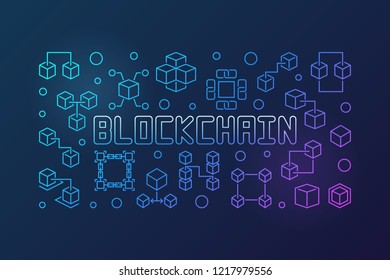 Blockchain crypto vector bright horizontal illustration in outline style on dark background