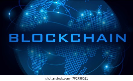 Cadena de bloqueo, criptomonedas, 
ilustración con texto y planeta azul