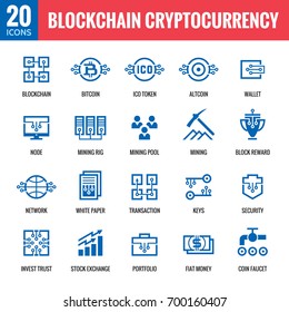 Blockchain cryptocurrency - 20 vector icons. Modern computer network technology sign set. Digital graphic symbol collection. Bitcoin finance. Concept design elements. 