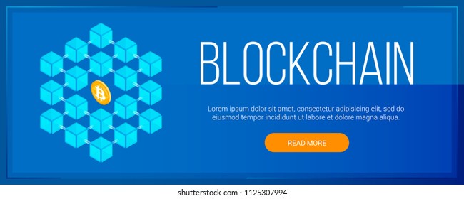 Blockchain and cryptocurrency banner. Chain of blocks and bitcoin. Isometric composition. Highly detailed vector illustration