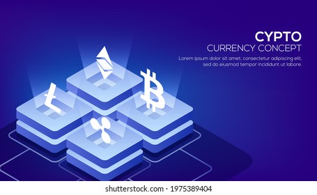 Blockchain or cryptocurrency based isometric view of glowing block servers linked to each other for responsive landing page design.