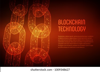 Blockchain. Cryptocurrency. Block chain concept. 3D wireframe chain with digital code. Editable template. Stock vector illustration