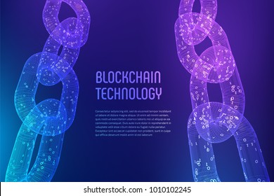 Blockchain. Cryptocurrency. Block chain concept. 3D wireframe chain with digital code. Editable template. Stock vector illustration