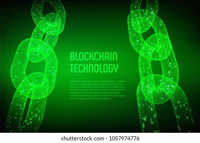 Blockchain. Cryptocurrency. Block chain concept. 3D wireframe chain with digital code. Editable template. Stock vector illustration