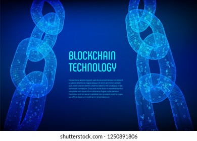 Blockchain. Cryptocurrency. Block chain concept. 3D wireframe chain with digital code. Editable template. Stock vector illustration.