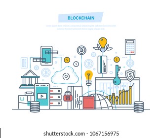 Blockchain, cryptocurrency, cloud technologies, safe transactions, bitcoins, finance, digital money market, crypto, analytics, monitoring via mobile application. Illustration thin line design.