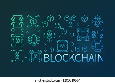 Blockchain cryptocurrency colored linear horizontal banner. Vector illustration in outline style on dark background