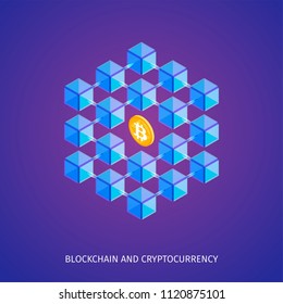 Blockchain and cryptocurrency concept. Chain of blocks and bitcoin. Isometric composition. Highly detailed vector illustration