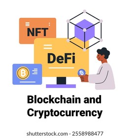 Blockchain cryptocurrency concept with DeFi NFT elements person holding Bitcoin cube structure colorful digital finance tech design