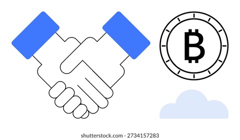 Blockchain, criptomonedas, finanzas, tecnología en la nube, asociaciones, contratos inteligentes. Apretón de manos con Bitcoin y el icono de la nube. Conceptos de blockchain y criptomonedas que retratan la colaboración y las finanzas