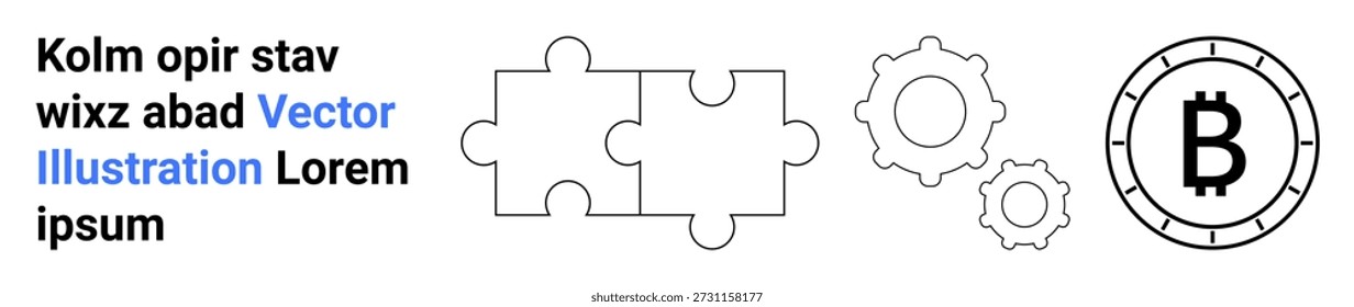 Blockchain, cryptocurrency, financial systems, digital innovation, teamwork, problem-solving. Bitcoin symbol, interlocking puzzle pieces and gears. Blockchain and cryptocurrency concept
