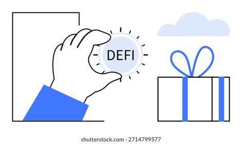 Blockchain, criptomonedas, tecnología financiera, activos digitales, innovación, inversión. Una mano sosteniendo una moneda DEFI junto a una caja de regalo y una nube. Concepto de blockchain y criptomoneda